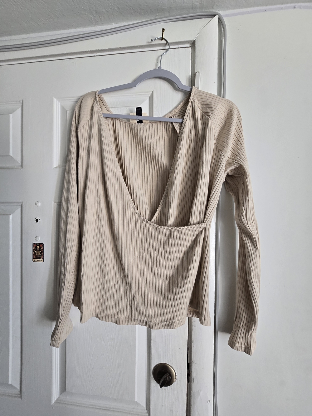 Universal Thread Cream Ribbed Wrap-Front Long Sleeve Top